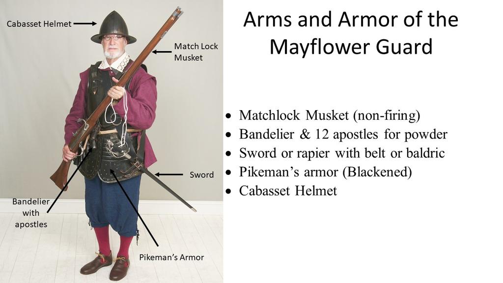 Armed and Unarmed Guardsmen - Armor was used during the first decade of Plymouth Colony. Gradually the use of armor declined with musketeers forgoing the plate armor.