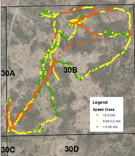 APPENDIX 7: SHEEP SPEED EXAMPLE Map of pasture 30B of four pastures within the US Sheep Experiment Station used for sheep behavioral trials investigating the