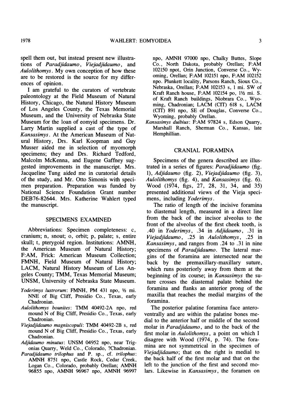 1978 WAHLERT: EOMYOIDEA 3 spell them out, but instead present new illustrations of Paradjidaumo, Viejadjidaumo, and Aulolithomys.