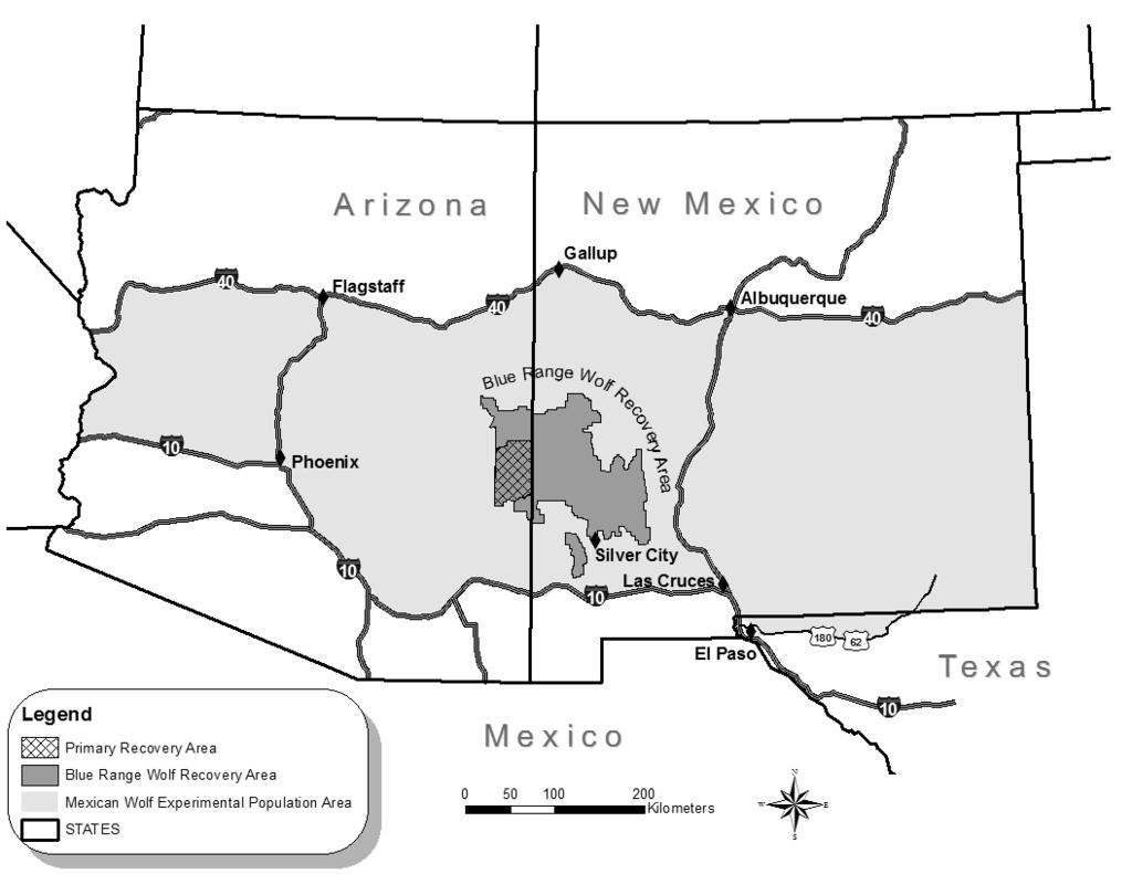 Figure 1. Mexican Wolf Experimental Population Area (MWEPA) and Blue Range Wolf Recovery Area (BRWRA) in eastern Arizona and western New Mexico from 1998 to 2014.