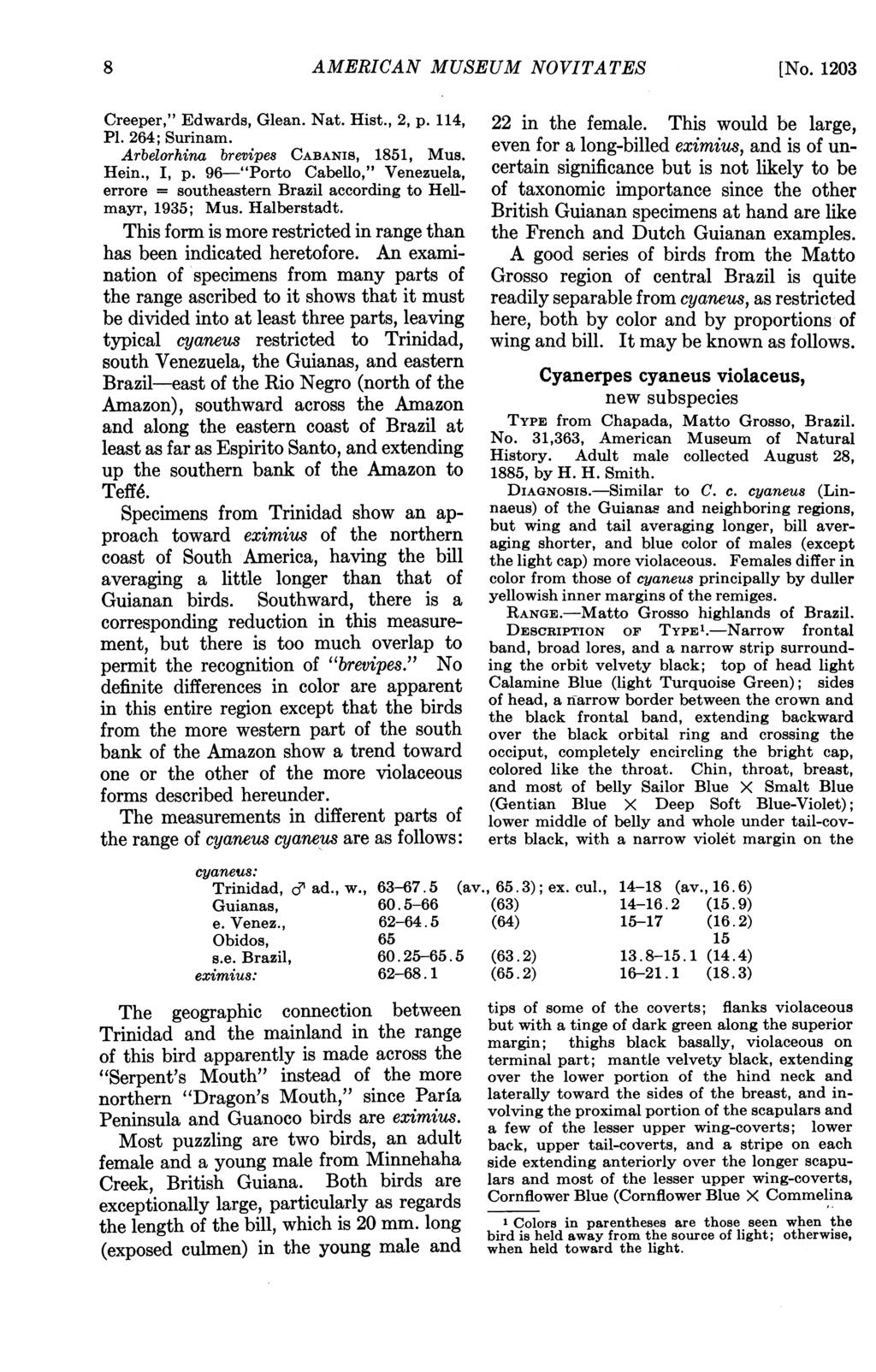 8 AMERICAN MUSEUM NOVITATES [No. 1203 Creeper," Edwards, Glean. Nat. Hist., 2, p. 114, Pl. 264; Surinam. Arbelorhina brevipes CABANIS, 1851, Mus. Hein., I, p.