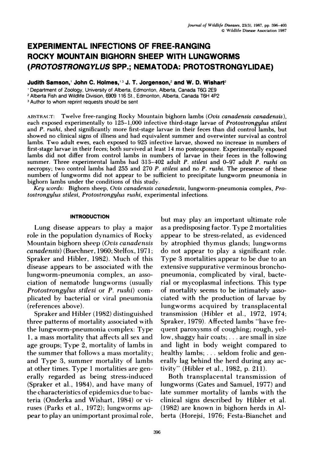 Journal of Wildlife DIseases. 2(), 1987, pp. 94 Wildlife Disease Association 1987 EXPERIMENTAL INFECTIONS OF FREERANGING ROCKY MOUNTAIN BIGHORN SHEEP WITH LUNGWORMS (PROTOSTRONGYLUS SPP.