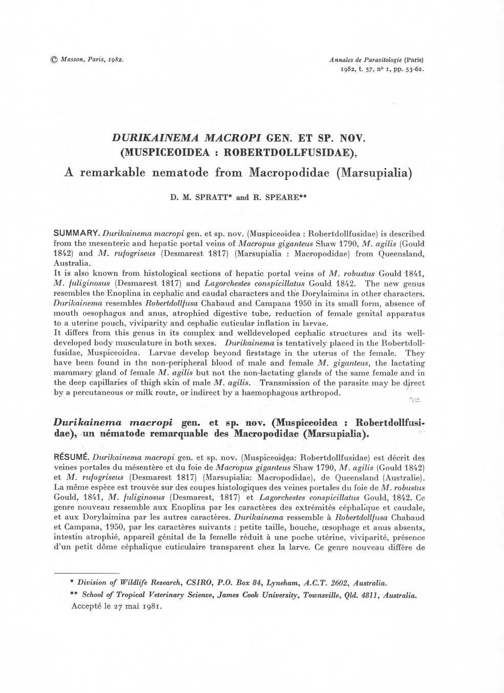 Masson, Paris, 1982. Annales de Parasitologie (Paris) 1982, t. 57, n 1, pp. 53-62. DURIKAINEMA MACROPI GEN. ET SP. NOV.