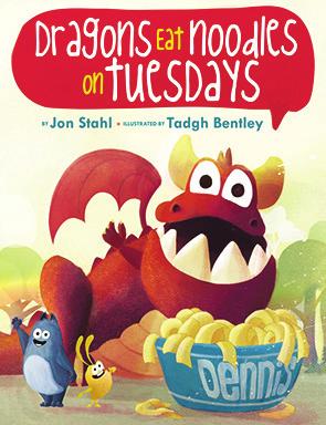 Dragons Eat Noodles on Tuesdays by Jon Stahl, illustrated by Tadgh Bentley The little yellow monster tells the big blue monster that dragons shouldn t eat people.