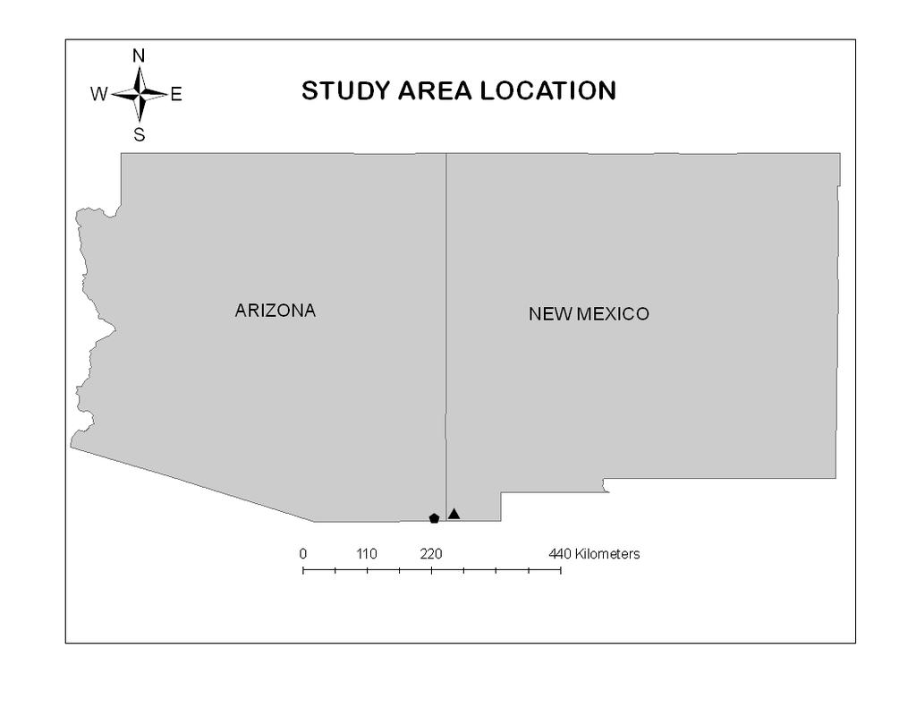 FIGURE 1. Locations of the main study areas. The Peloncillo Mountains (triangle) extend along the state boundary, between Hidalgo Co.