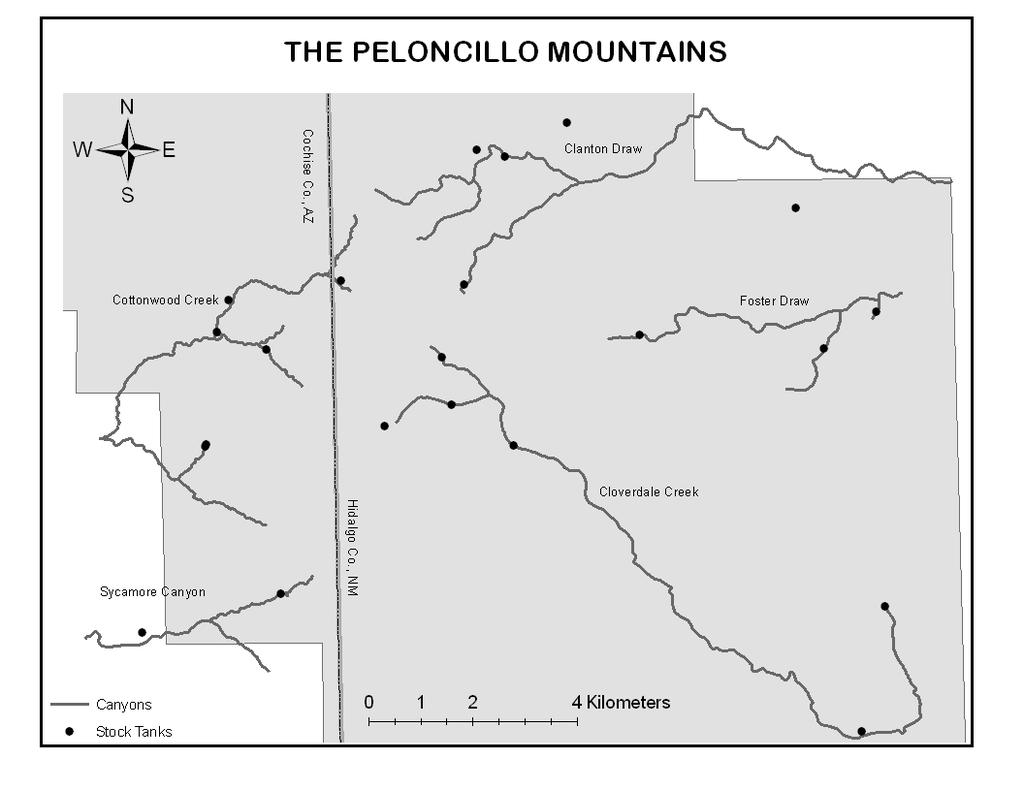 FIGURE 2. The Peloncillo Mountain study area is located mostly within the Coronado National Forest (grey outline).