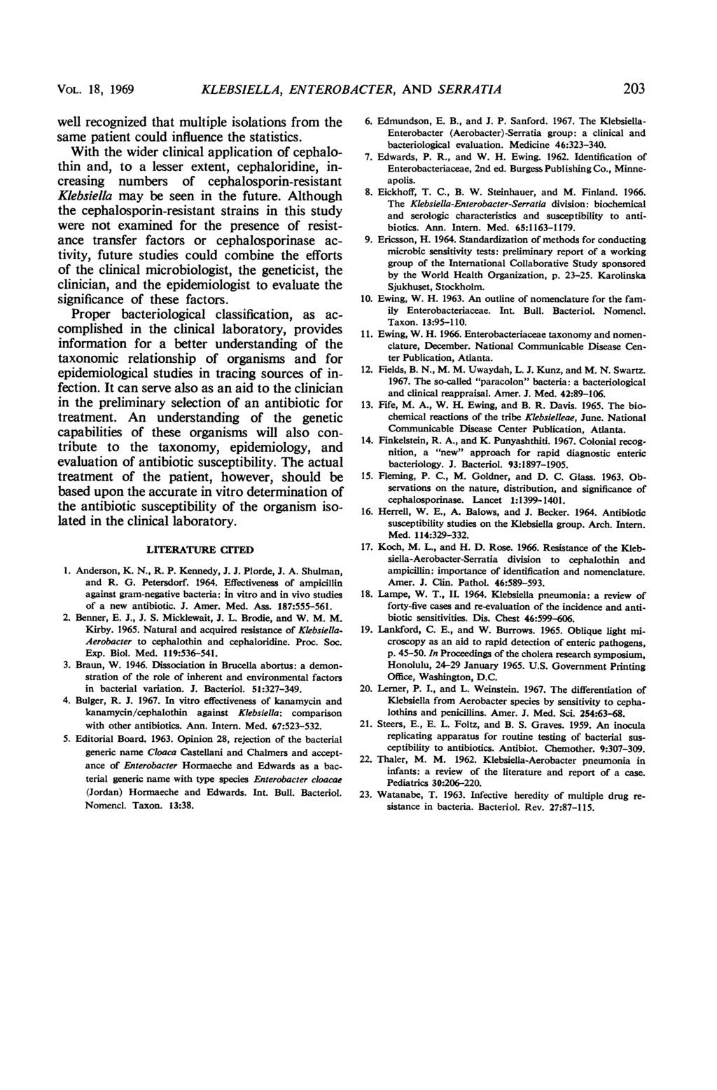 VOL. 18, 1969 KLEBSIELLA, ENTEROBACTER, AND SERRATIA 203 well recognized that multiple isolations from the same patient could influence the statistics.