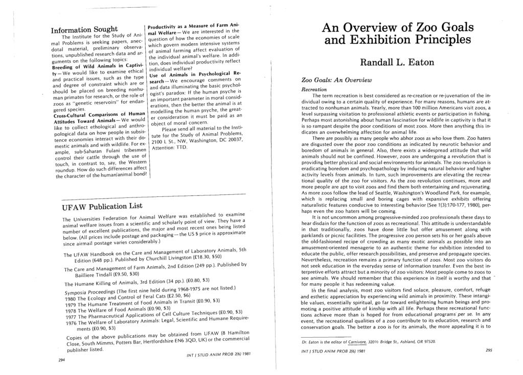 An Overview of Zoo Goals and Exhibition Principles Zoo Goals: An Overview Randall L.