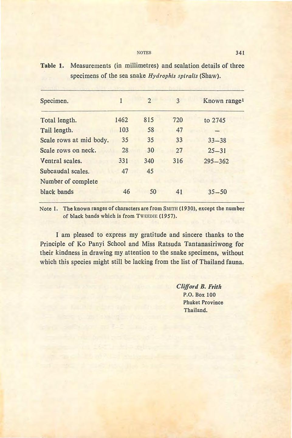 NOTES 341 Table 1. Measurements (in millimetres) and scalation details of three specimens of the sea snake Hydrophis spiralis (Shaw). Specimen. 2 3 Known ranget Total length.
