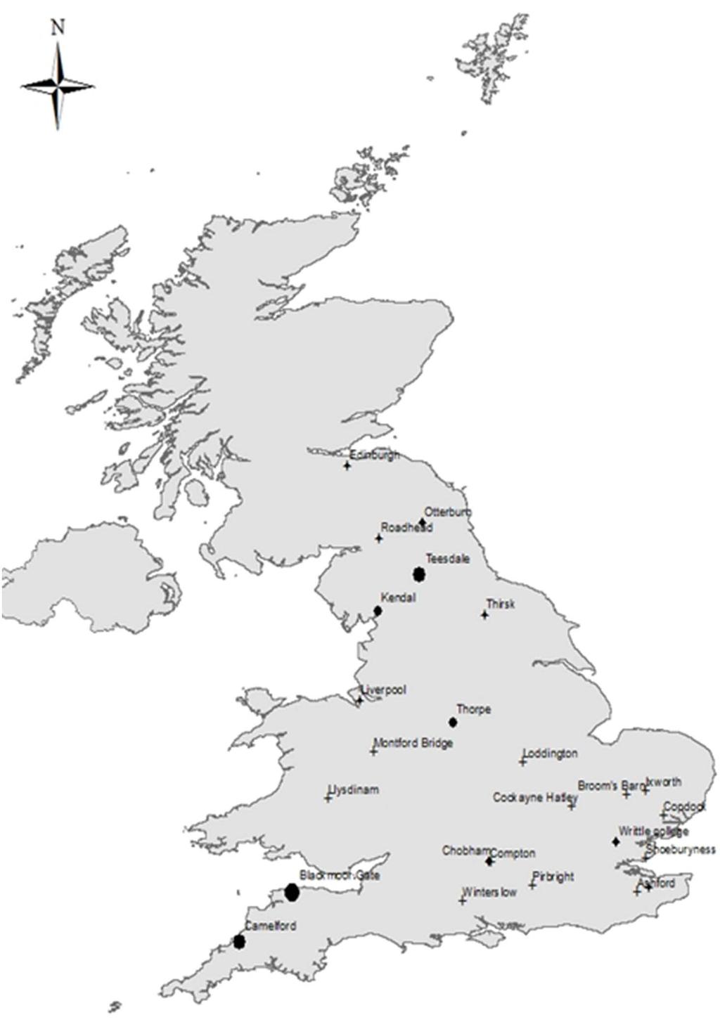 Figure 1. Locations of UK trapping sites for Culicoides surveillance (2006 2010). Circle area is proportional to maximum catch ever recorded per site, where complete yearly data were available.