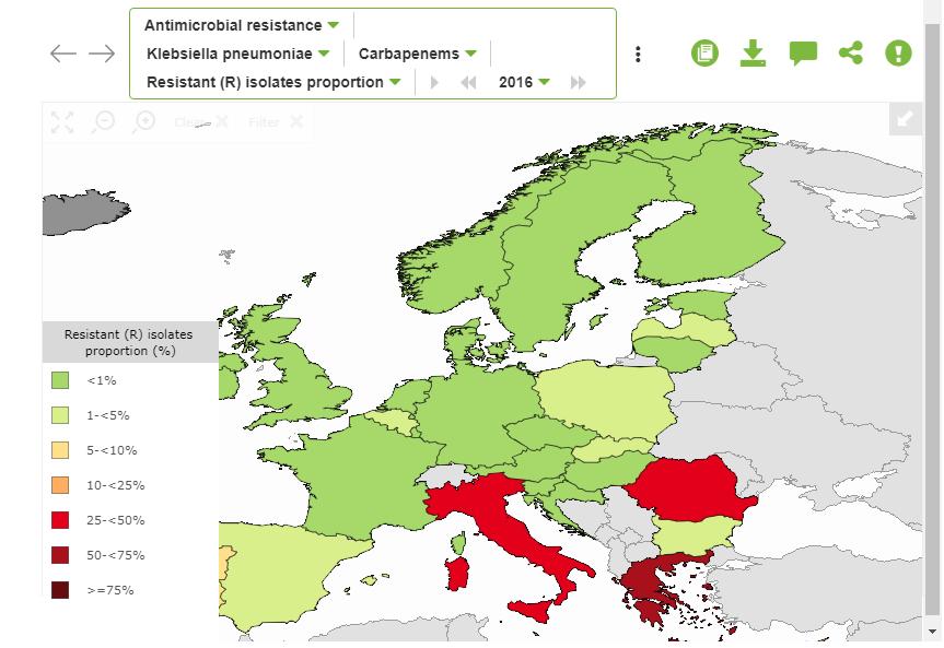 CR-Kp: LA SITUAZIONE EUROPEA (E ITALIANA) - 2016 Carbapenem-resistant K.