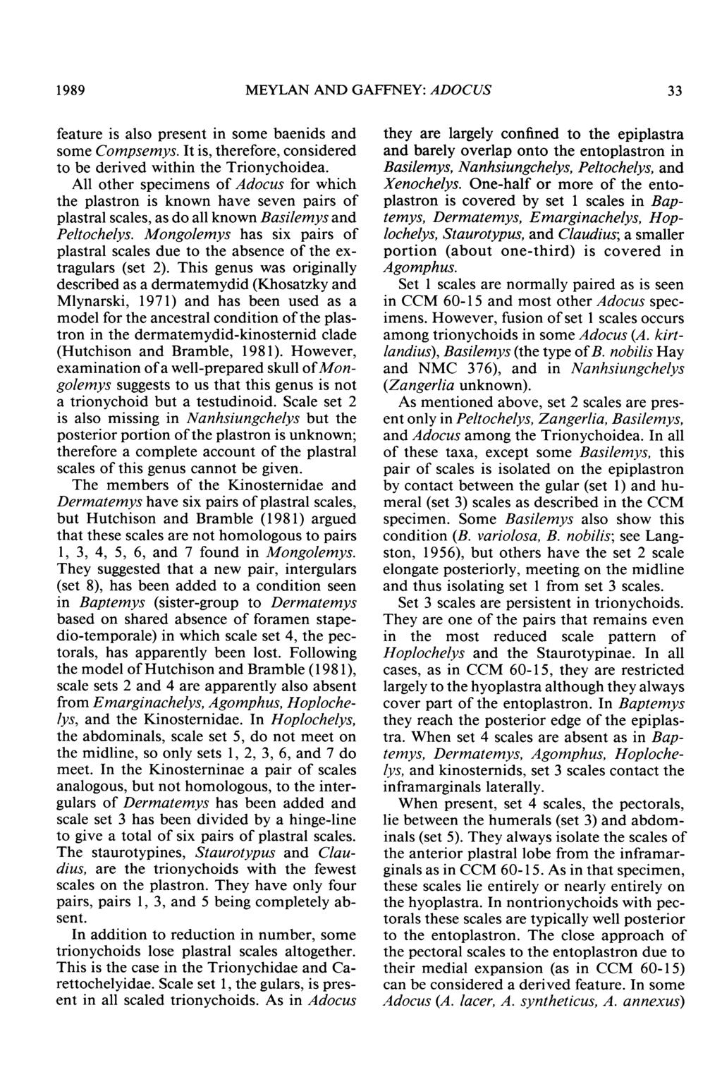 1 989 MEYLAN AND GAFFNEY: ADOCUS 33 feature is also present in some baenids and some Compsemys. It is, therefore, considered to be derived within the Trionychoidea.