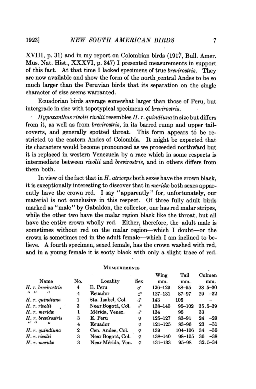 1923] NEW SOUTH AMERICAN BIRDS 7 XVIII, p. 31) and in my report on Colombian birds (1917, Bull. Amer. Mus. Nat. Hist., XXXVI, p. 347) I presented measurements in support of this fact.
