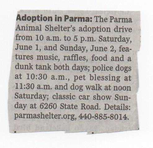 Parma Animal Shelter Facebook advertising campaign 2013 Adoptathon June 1 and June 2