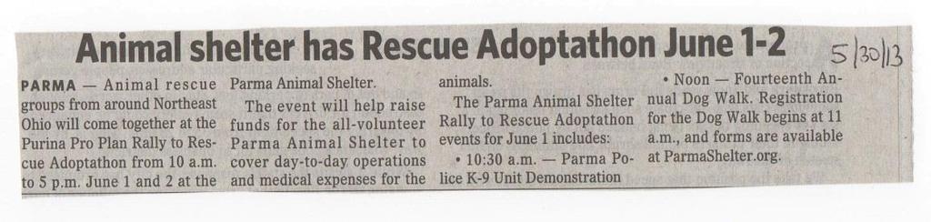 Purina Pro Plan Rally to Rescue Adoptathon from the Parma Animal Shelter This June