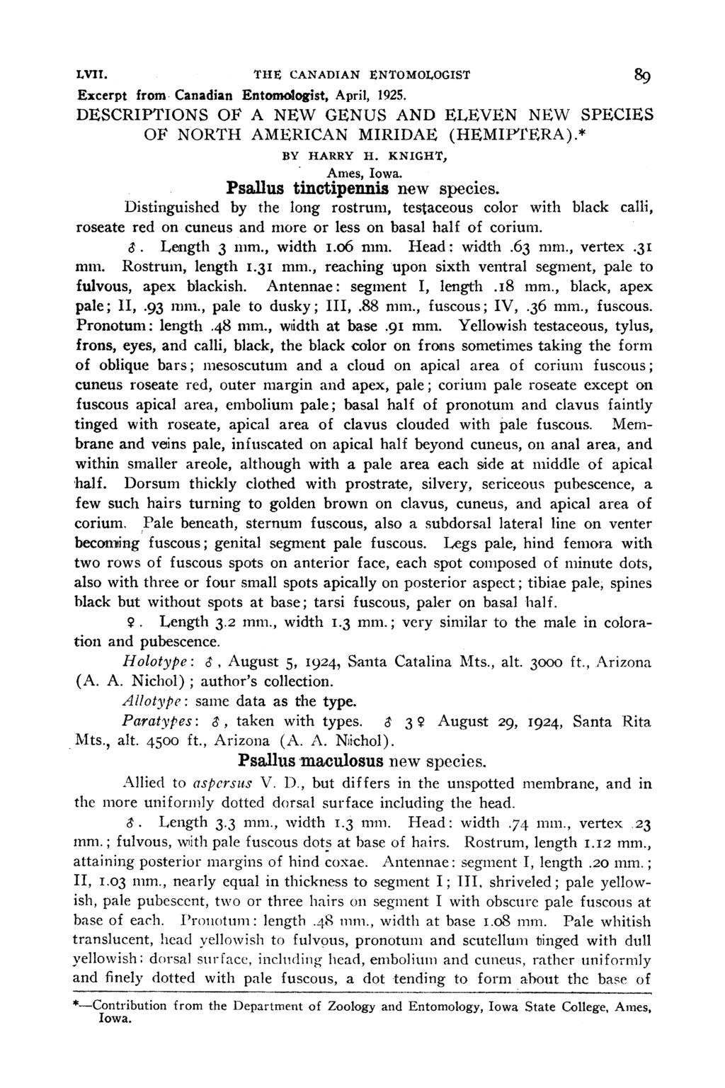 LVIU. THE CANADIAN ENTOMOLOGIST 89 Excerpt from Canadian Entomclogist, April, 1925. DESCRIPTIONS OF A NEW GENUS AND ELEVEN NEW SPECIES OF NORTH AMERICAN MIRIDAE (HEMIP'ErRA).* BY HARRY HI.