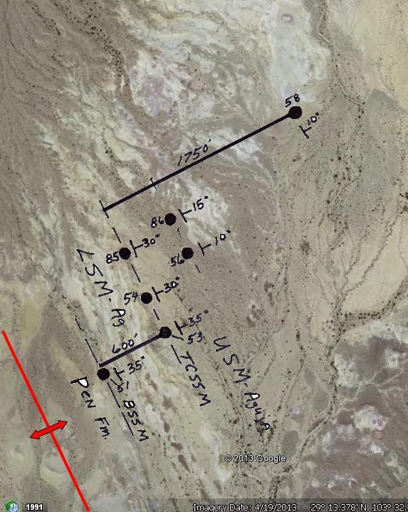 8 Figure 3b--- measured section on Google, all dip sites same elevation +/- 5 feet; Pen formation; BSS = Basal Sandstone Member; LSM = Lower