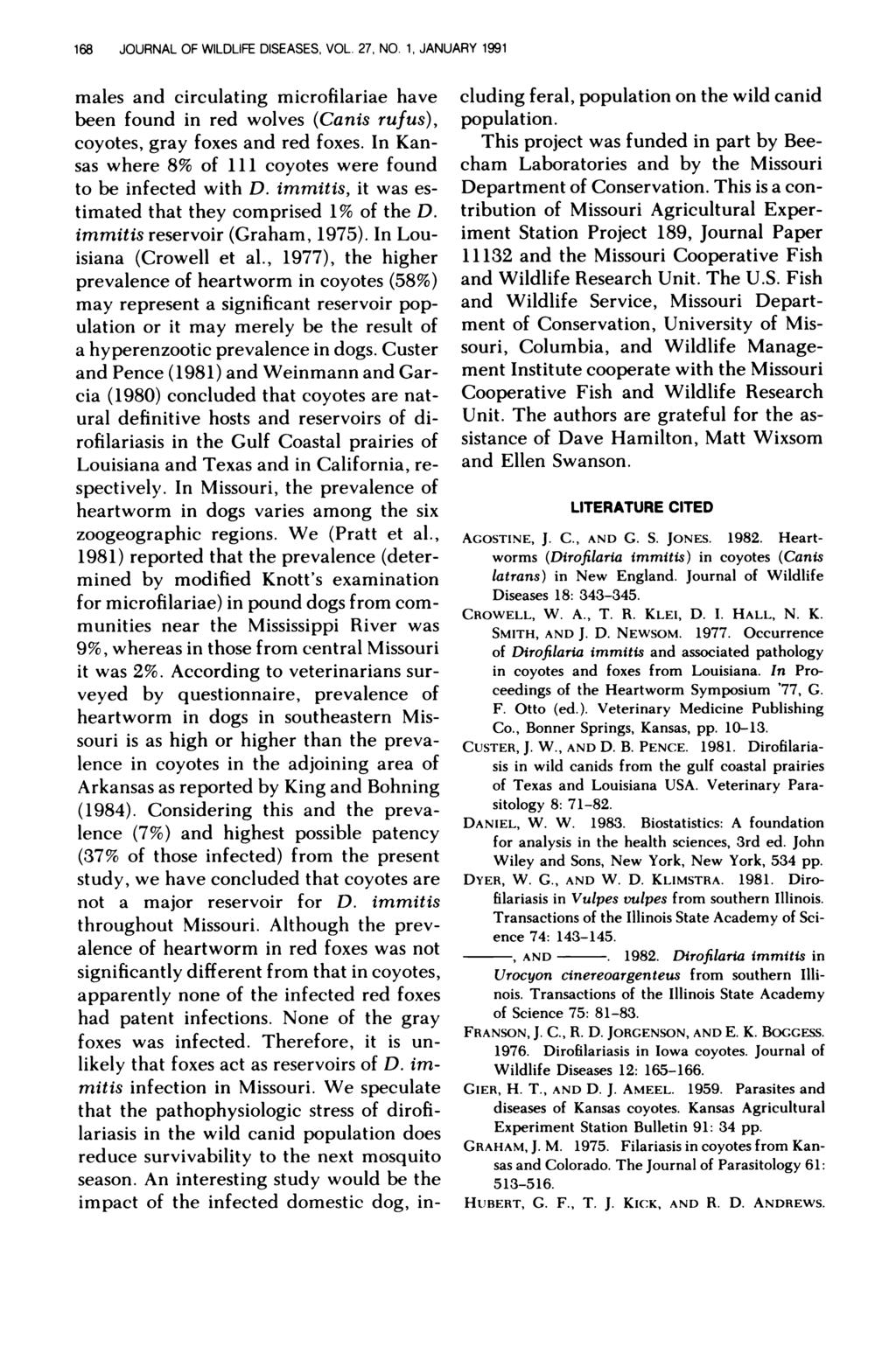 168 JOURNAL OF WILDLIFE DISEASES, VOL. 27. NO. 1, JANUARY 1991 males and circulating microfilariae have been found in red wolves (Canis rufus), coyotes, gray foxes and red foxes.