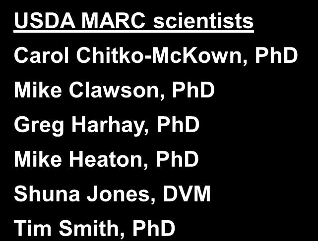Acknowledgments USDA MARC scientists Carol Chitko-McKown, PhD Mike Clawson, PhD Greg Harhay, PhD Mike Heaton, PhD Shuna Jones, DVM