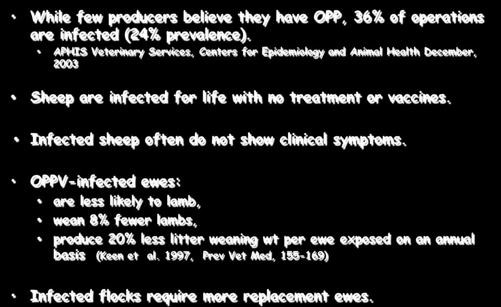Cost of OPPV infection While few producers believe they have OPP, 36% of operations are infected (24% prevalence).