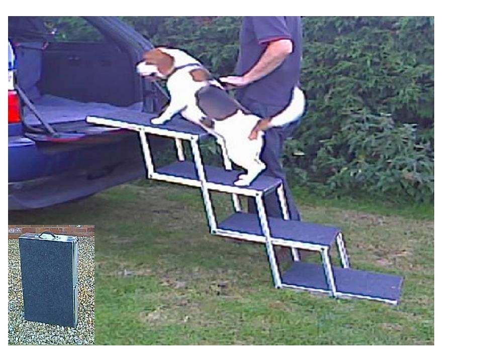THE LATEST DESIGN IN DOG RAMPS EASY FOR YOUR DOGS TO CLIMB IN FOUR EASY STEPS NO STEEP INCLINE LIKE OTHER RAMPS YOUR DOG'S FAVORITE ACCESSORY Made in lightweight but strong aluminum, easy for your