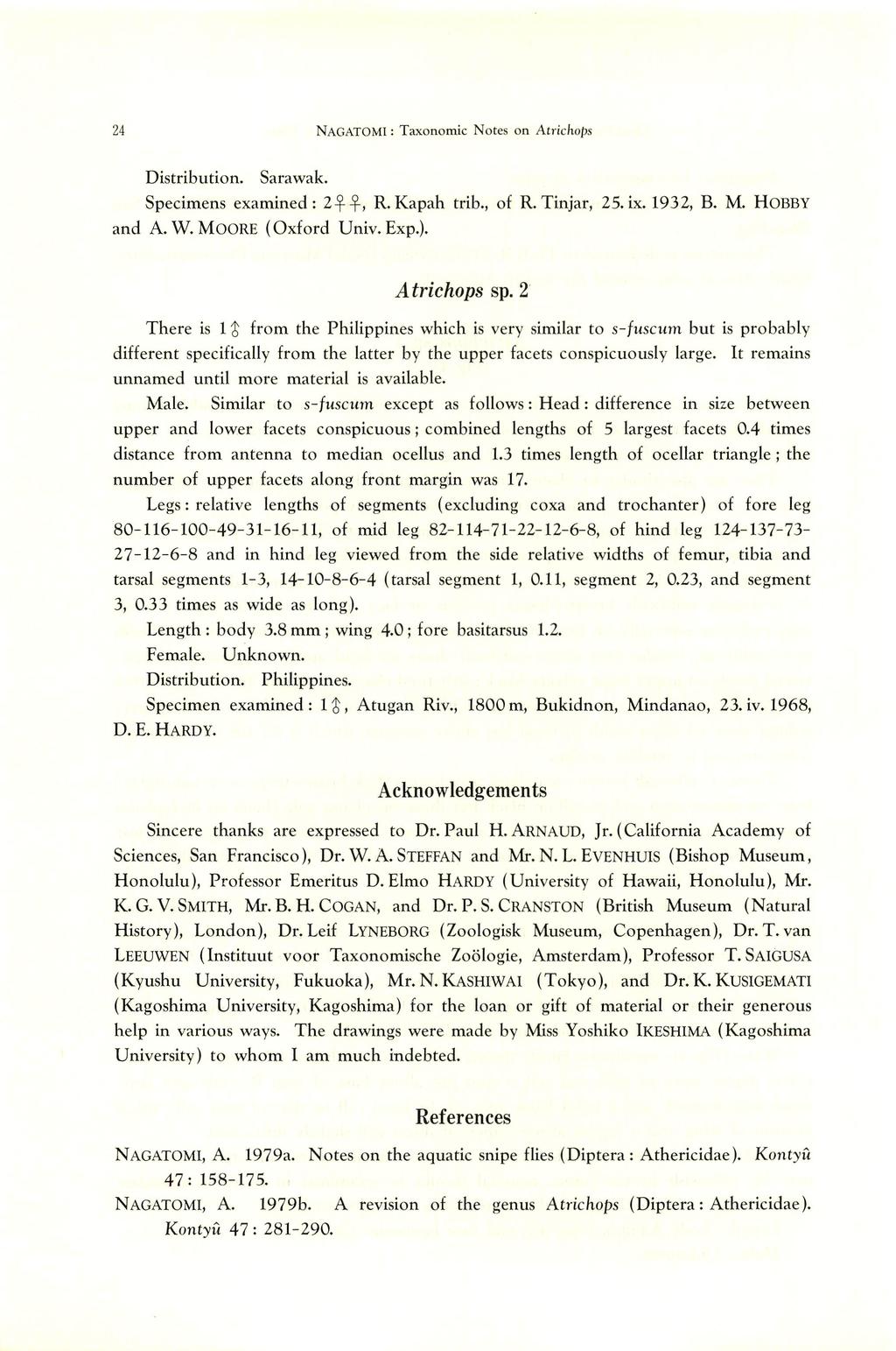 24 NAGATOMI: Taxonomic Notes on Atrichops Distribution. Sarawak. Specimens examined: 2^, R.Kapah trib., of R. Tinjar, 25. ix. 1932, B. M. HOBBY and A. W.MOORE (Oxford Univ. Exp.). Atrichops sp.