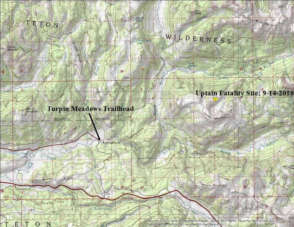 Figure 2. AllTopo map of Uptain Fatality location in the Bridger-Teton National Forest.