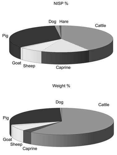 106 L. BARTOSIEWICZ ET AL. Fig. 2. The proportions between main animal taxa by the Number of Identifiable Specimens (NISP, top) and the weight of bones (bottom).
