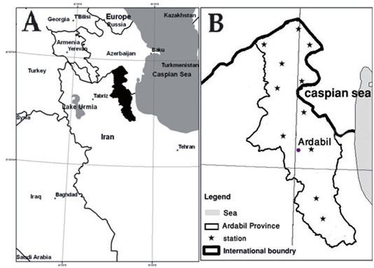 128 Elham Rezazadeh et al. Figure 1. A: Map of the study area. B: Sampling stations in Ardabil province. Field studies and analysis In order to determine the occurrence of T.