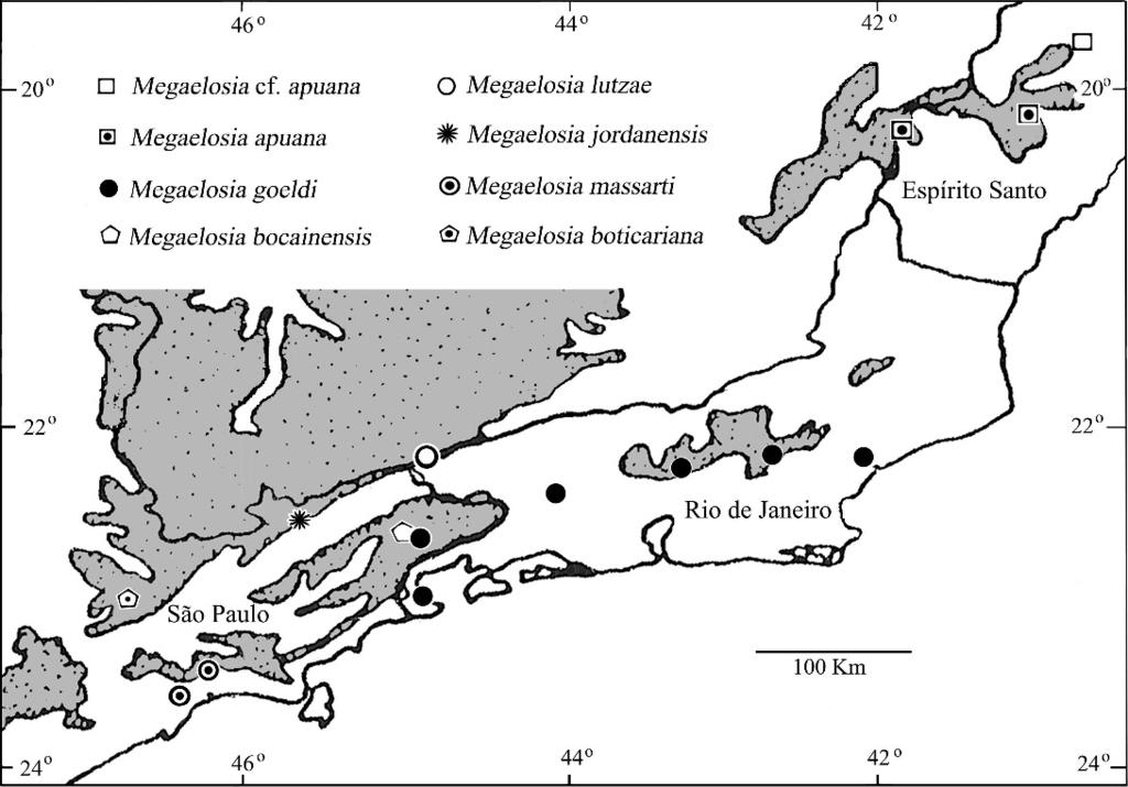 456 HERPETOLOGICA [Vol. 64, No. 4 FIG. 6. Distribution of the Megaelosia in southeastern Brazil (adapted from Giaretta and Aguiar, 1998; including also localities listed at Appendix 1).