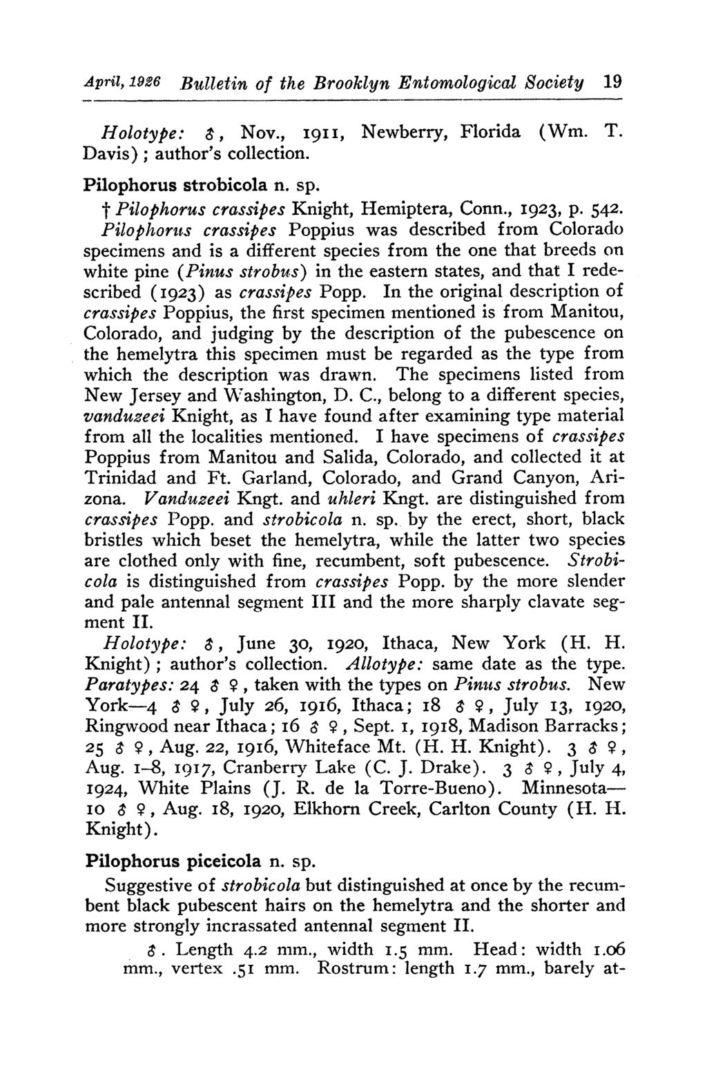 April, 1926 Bulletin of the Brooklyn Entomological Society 19 Holotype: a, Nov., i9i i, Newberry, Florida (Wmn. T. Davis); author's collection. Pilophorus strobicola n. sp.
