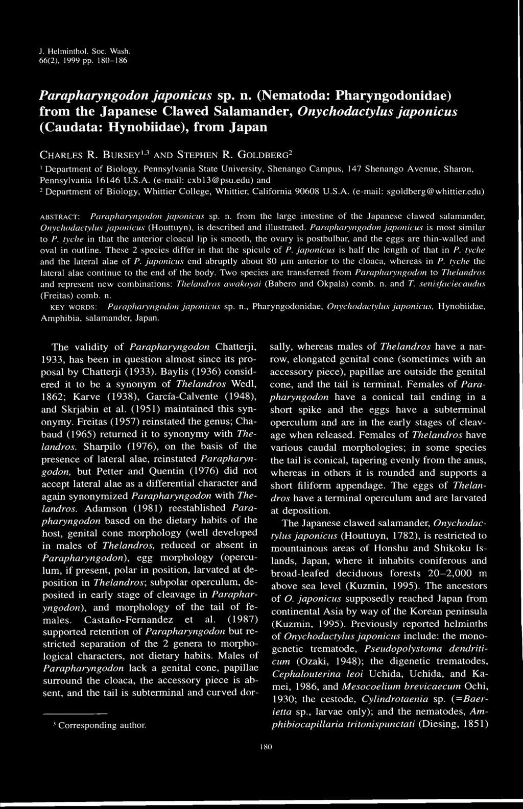 J. Helminthol. Soc. Wash. 66(2), 1999 pp. 180-186 Parapharyngodon japonicus sp. n.