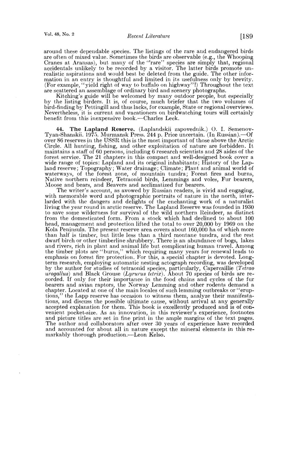 Vol. 4s, No. 2 Rece tt Literature [189 around these dependable species. The listings