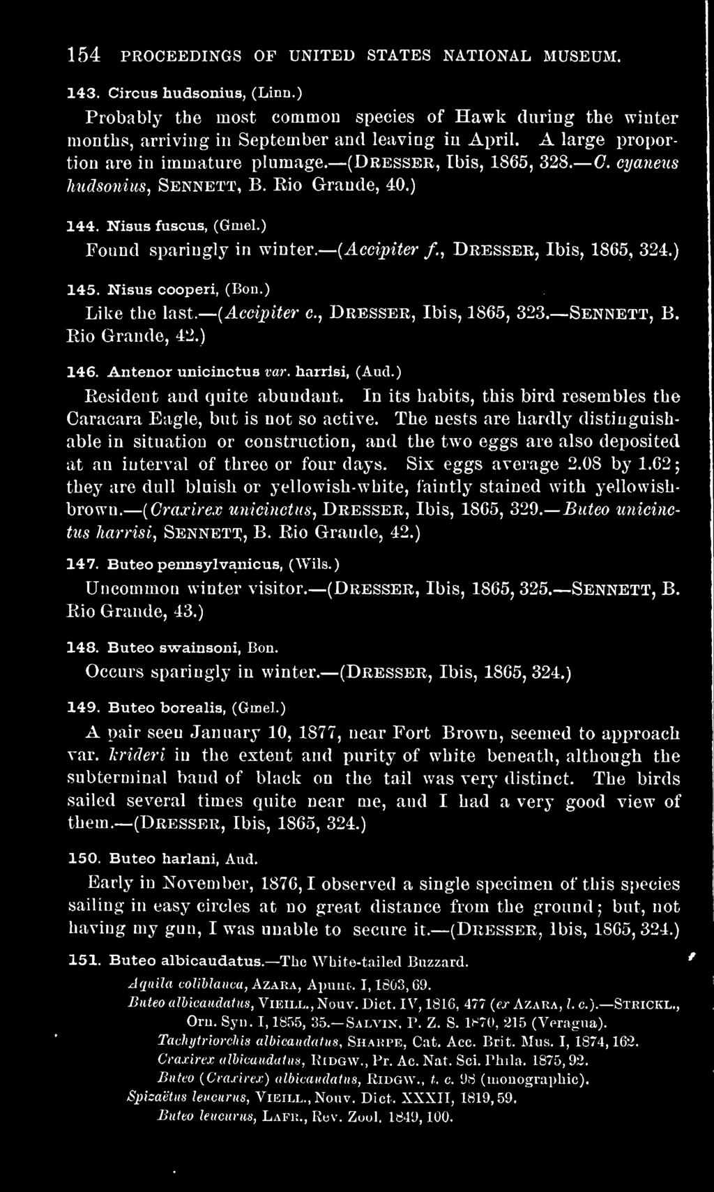 , Dresser, Ibis, 1865, 324.) 145. Nisus cooperi, (Bon.) Like the last. {Accipiter c. Dresser, Ibis, 1865, 323. Rio Grande, 42.) Sennett, B. 146. Antenor unicinctub rar. harrlsi, (Aud.
