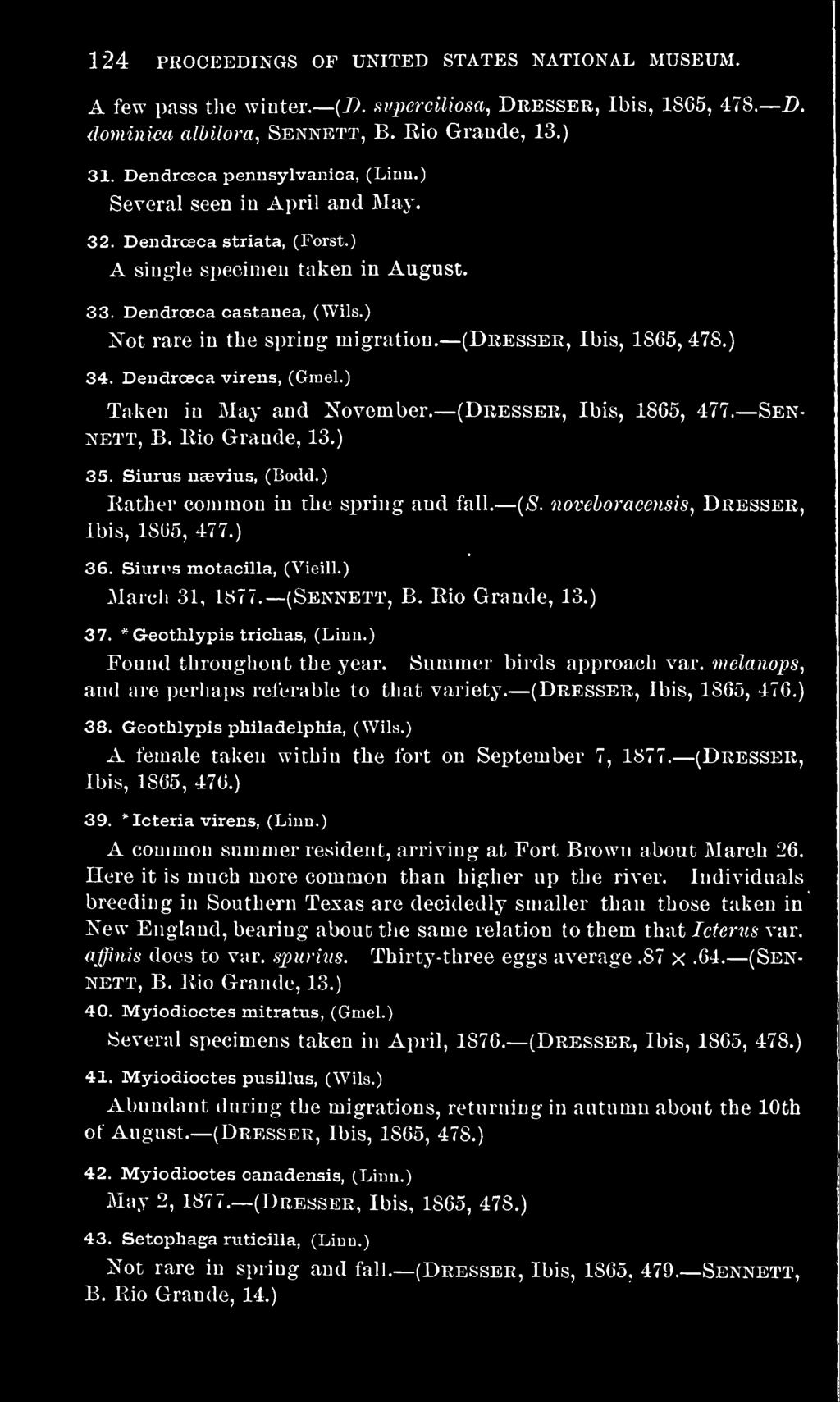 Dendrceca virens, (Gmel.) Sen- Taken in May and November. nett, B. Rio Grande, 13.) (Dresser, Ibis, 1865, 478,) (Dresser, Ibis, 1865, 477. 35. Siurus naevius, (Bodd.