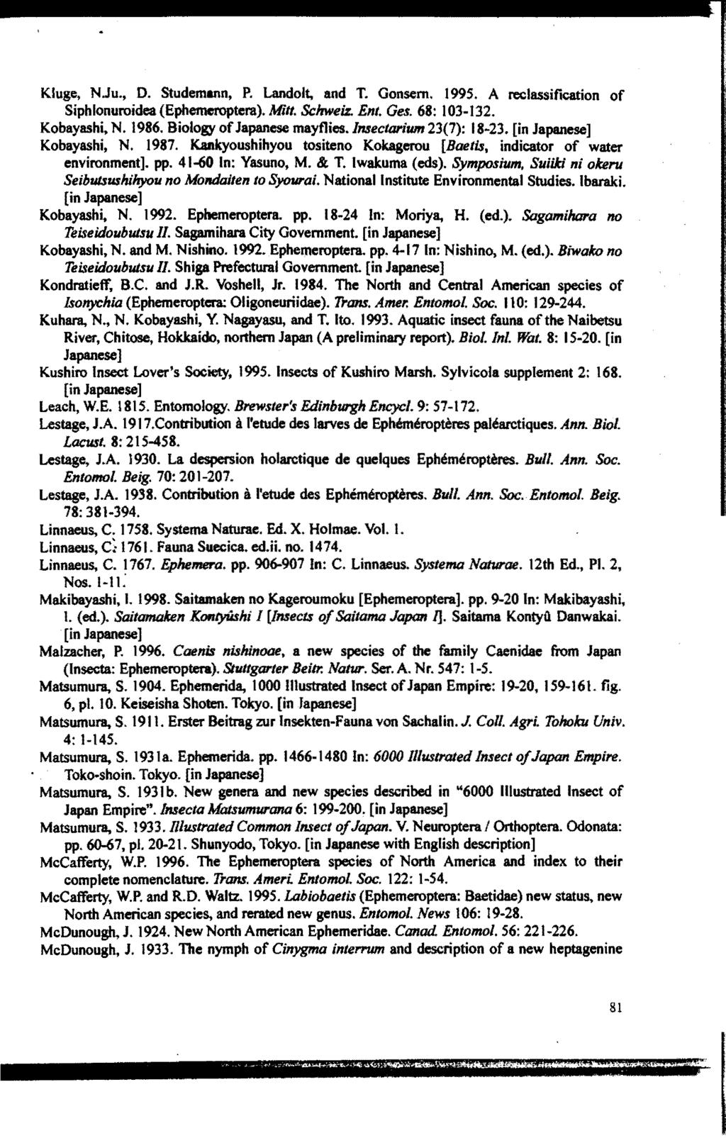 Kluge, NJu., D. Studemann, P. Landolt, and T. Gonsem. 1995. A reclassification of Siphlonuroidea(Ephemeroptera). Mitt. Schweiz. Ent. Ges. 68: 103-132. Kobayashi, N. 1986. Biology of Japanese mayflies.