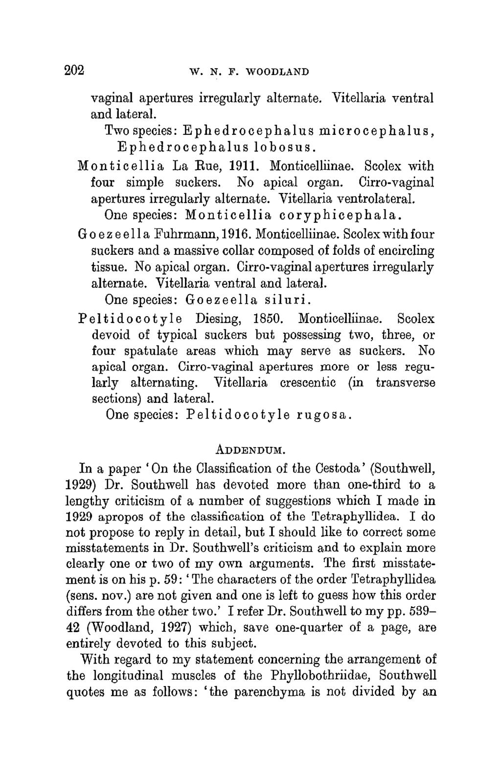 202 W. N. F. WOODLAND vaginal apertures irregularly alternate. Vitellaria ventral and lateral. Two species: Ephedrocephalus microcephalus, Ephedrocephalus lobosus. Monticellia La Bue, 1911.