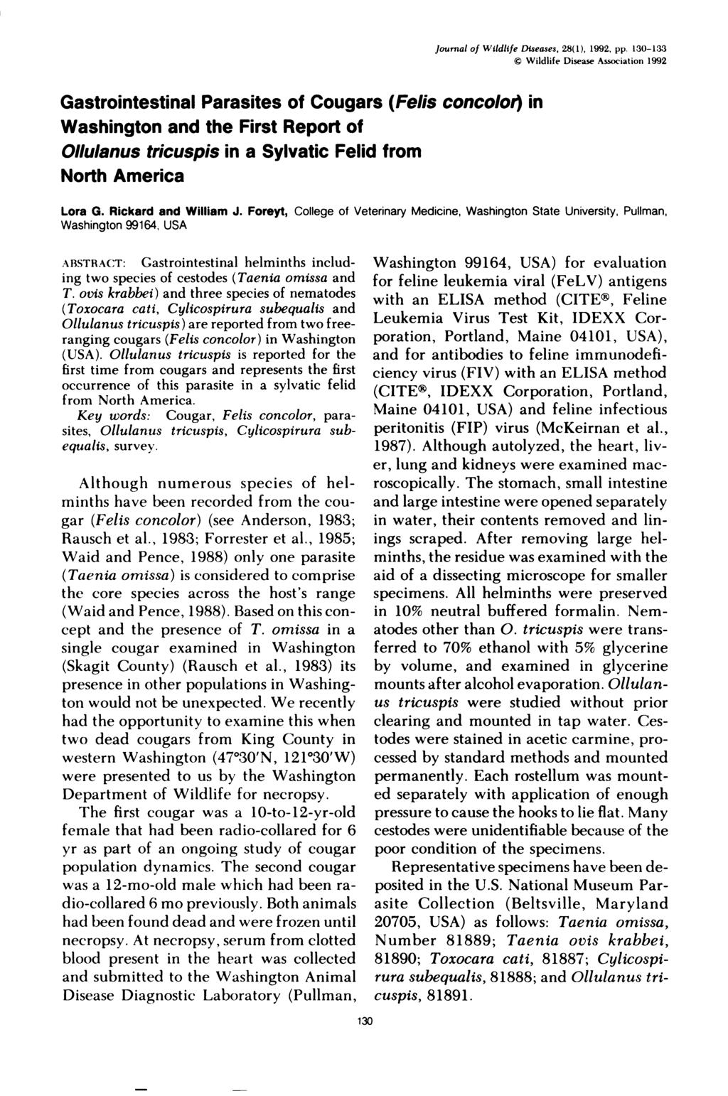 Journal of Wildlife Diseases, 28(1), 1992, pp.
