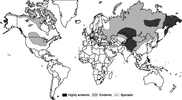 Chapter 1: Echinococcosis- an international public health challenge 7 Figure 1.2. Approximate geographical distribution of E. multilocularis. Adapted from Eckert et al., 2000 and Eckert et al., 2001.