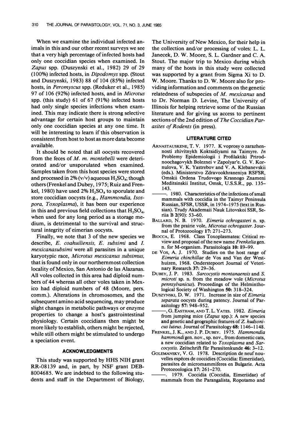 310 THE JOURNAL OF PARASITOLOGY, VOL. 71, NO.