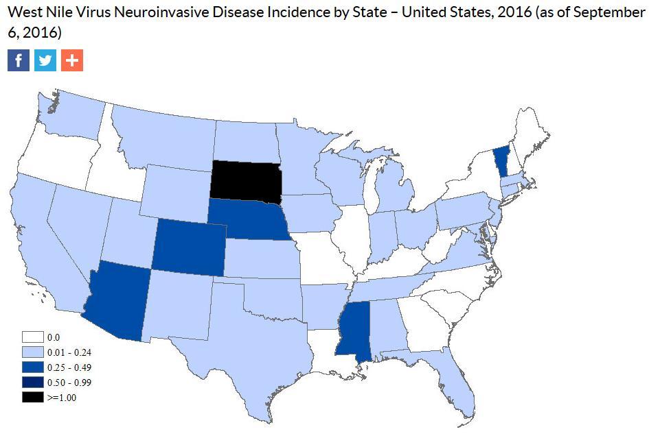 Colorado 2016 As of September 9, 2016 The Colorado Department of Health and Environment has identified 76 cases of human West Nile virus (WNv) infections.