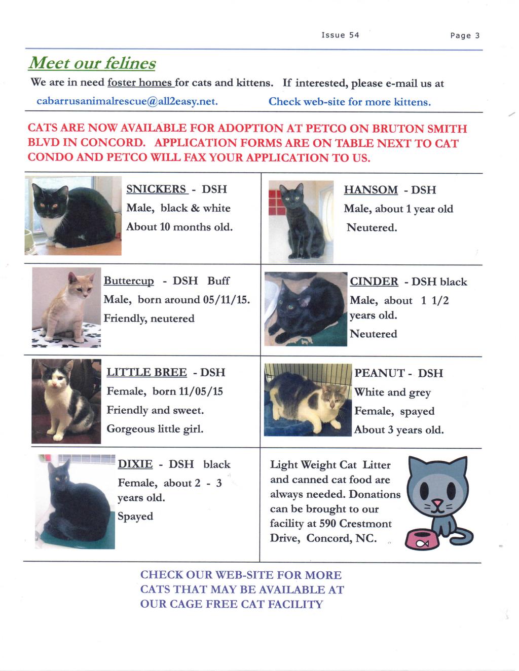 Meet our felines Issue 54 Page 3 We are in need foster homes for cats and kittens. If interested, please e-mail us at cabarrusanimalrescue@all2easy.net. Check web-site for more kittens.