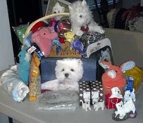 html Third Prize hold on an entire basket of goodies for you and your Westie! This Westie Goodie Basket contains many Westie-themed as well as dog toys and many other gifts.