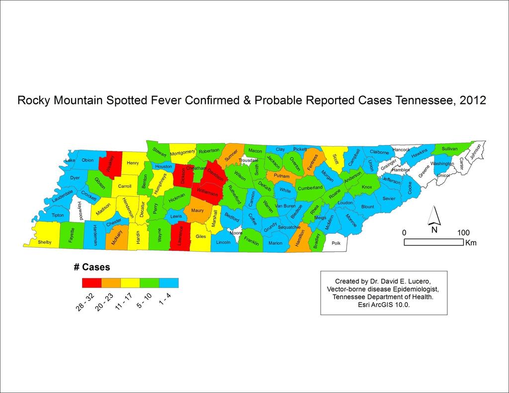 Spotted Fever Rickettsiosis Confirmed & Probable Reported Cases Tennessee, 2012 Confirmed case: A clinically compatible case (meets clinical evidence criteria) that is laboratory confirmed.