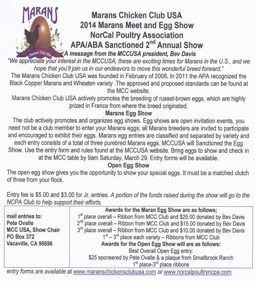 DIRECT YOUR MCC MEET & EGG SHOW QUESTIONS TO SHOW CHAIR, PETE OVALLE@ 707.718.