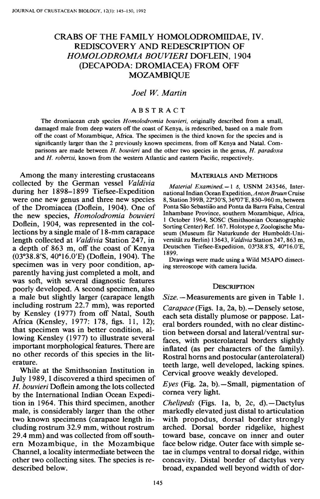 JOURNAL OF CRUSTACEAN BIOLOGY, 12(1): 145-150, 1992 CRABS OF THE FAMILY HOMOLODROMIIDAE, IV.