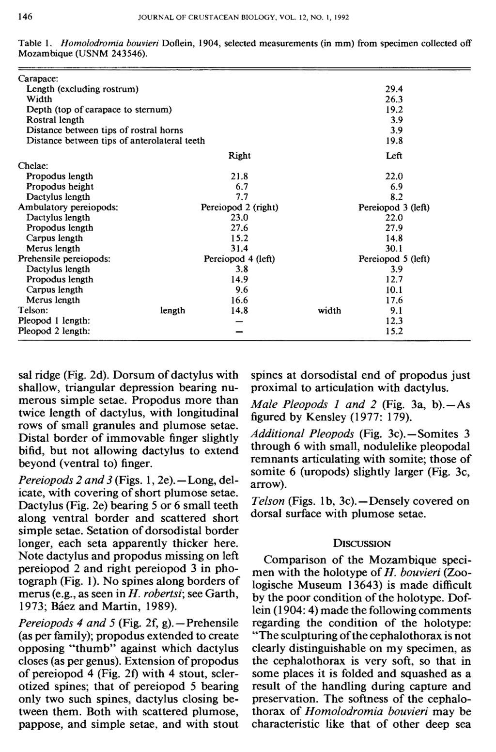 146 JOURNAL OF CRUSTACEAN BIOLOGY, VOL. 12, NO. 1, 1992 Table 1. Homolodromia bouvieri Doflein, 1904, selected measurements (in mm) from specimen collected off Mozambique (USNM 243546).