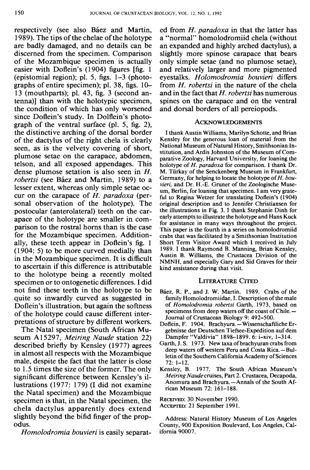 150 JOURNAL OF CRUSTACEAN BIOLOGY, VOL. 12, NO. 1, 1992 respectively (see also Baez and Martin, 1989).