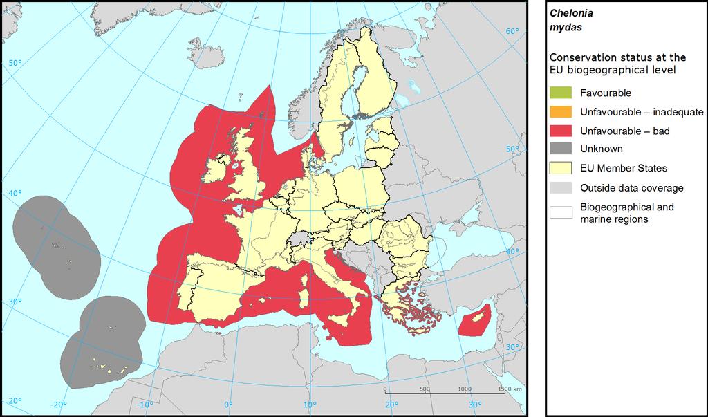 Assessment of conservation status at the European biogeographical level Region Conservation status () of parameters Range Population Habitat Future prospects Current Trend in % in region Previous