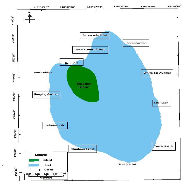 (b): Map of Mabul Island with all the dive sites name and location. The sampling dive sites of the barnacle survey are shown in boxes.